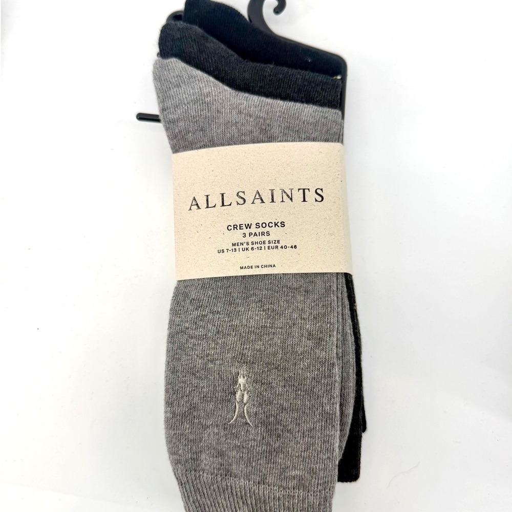 AllSaints Mens 3 Pack Crew Socks Black Grey Charcoal Ramskull Logo NWT Size 7-13